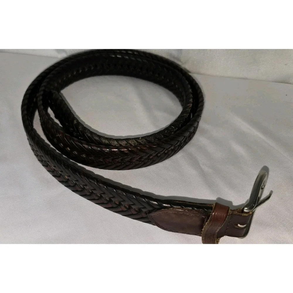 Mens Brown Braided‎ Genuine Leather Belt Silver Buckle 44/110 10003-88